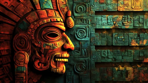 Digital painting of Aztec profile relief with chromatic contrast.