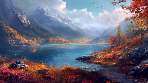 Mountain lake valley with autumn foliage and calm water.