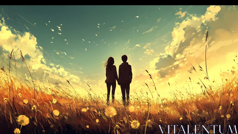 Two figures stand silhouetted in golden field at sunset.