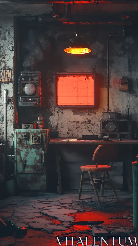 Rustlit bunker workstation under choking emergency glow.