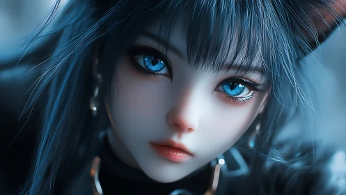 Blue eyed anime style female portrait with catlike details.