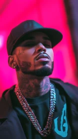 Neon-lit portrait of urban man in cap and chains.