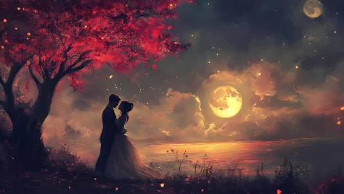 Moonlit Romance Blooms Beneath Crimson Blossoms