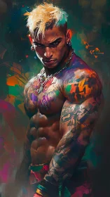 Chromatic warrior physique in high-saturation digital strokes.
