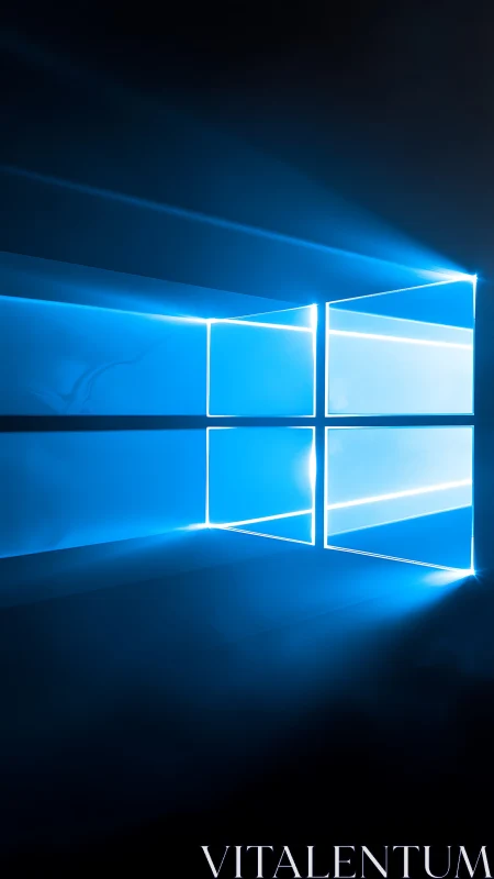 Glowing blue window grid casts futuristic light beams.