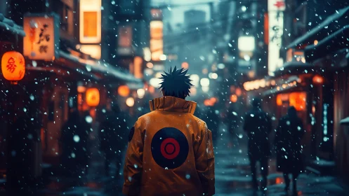 Lone anime wanderer crosses neon alley under winter snow.