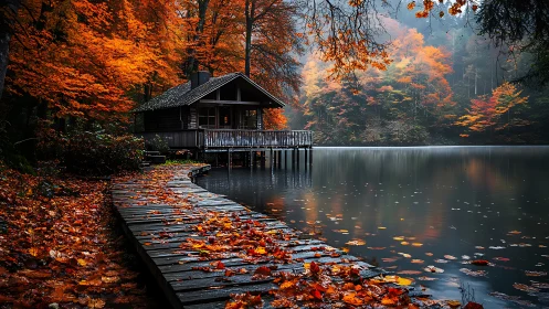 Lakeside wooden cabin beside autumn forest and boardwalk.
