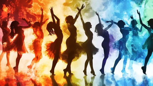 Colorful dancing silhouettes celebrate joyful expressive motion
