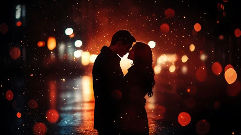 Silhouetted Couple Kissing in Rain.