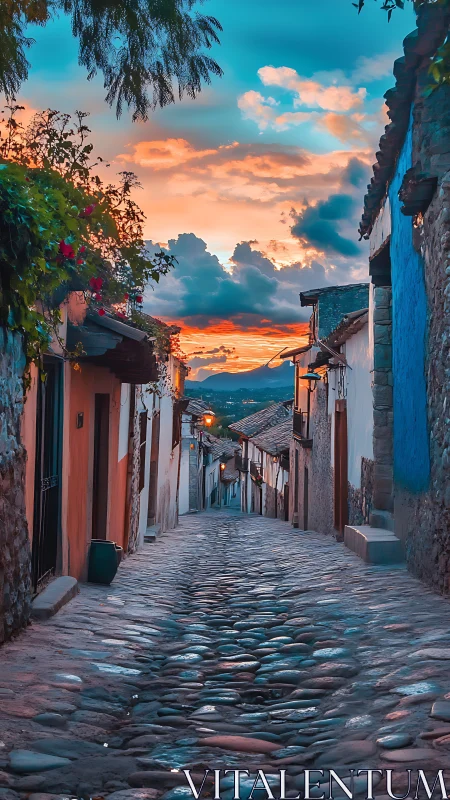 Cobblestone dusk alleyway drinking in sherbet skies.