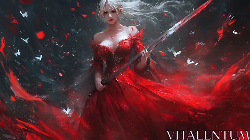 Crimson-clad swordmistress amid turbulent chromatic vortex.