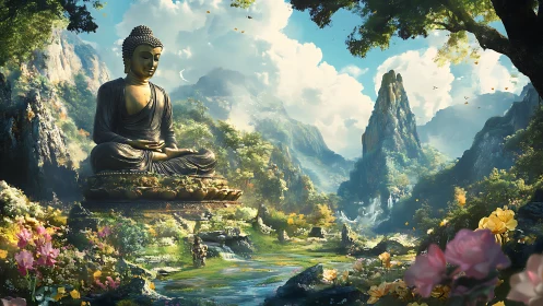 Digital painting of serene Buddha in lush mountain valley.