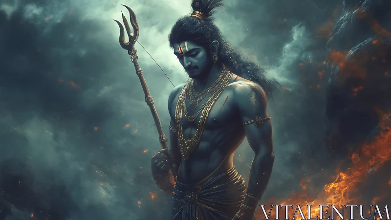 Mythic warrior rendered with volumetric smoke and rim-lit fire glow