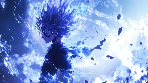 Anime energy avatar dissolving into radiant blue etheric field.