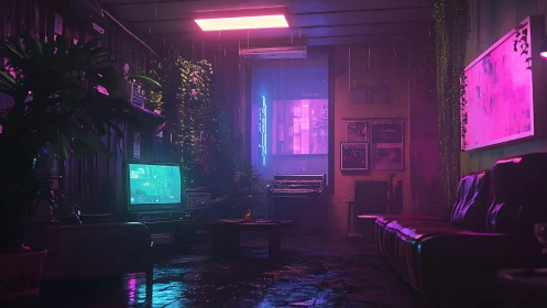 Neon illuminated lounge with retro electronics and wet floor