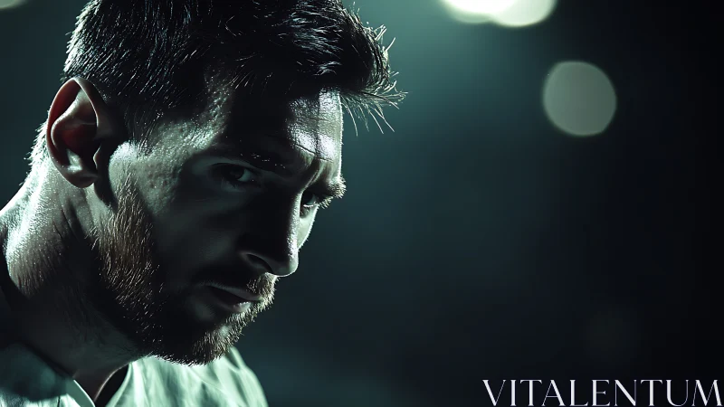 Low-key stadium portrait under harsh directional floodlights.