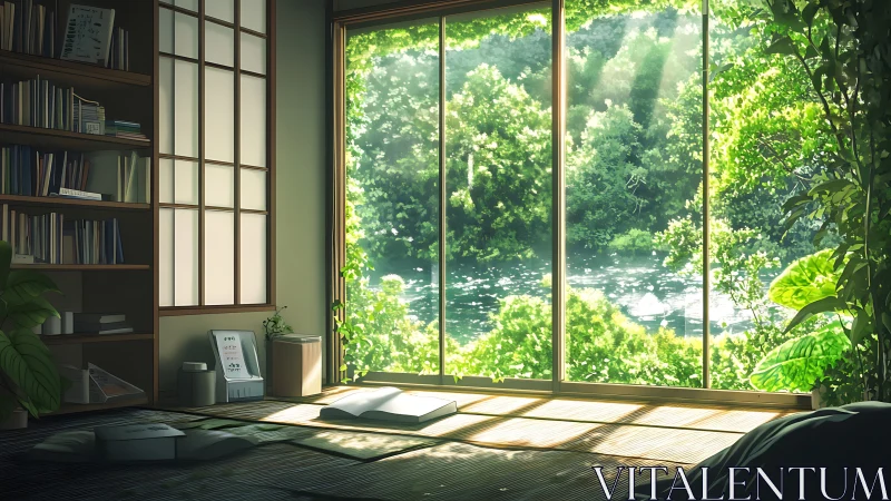 Sunlit tatami reading room overlooking tranquil river view.