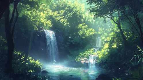 Luminous Waterfall Sanctuary: Where Emerald Canopy Meets Turquoise Depths.