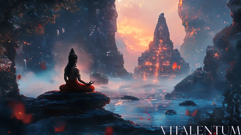 Meditating mystic faces glowing temple across misty lake.