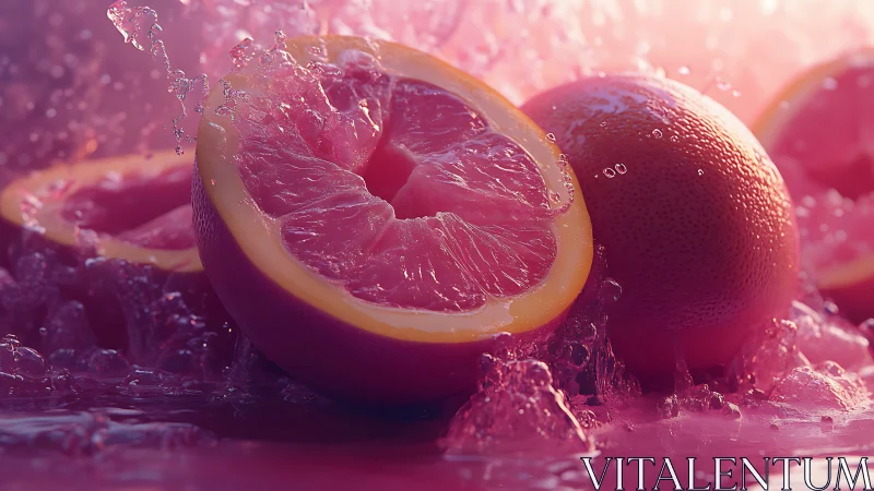 Vibrant pink grapefruit splash in luminous water bath.