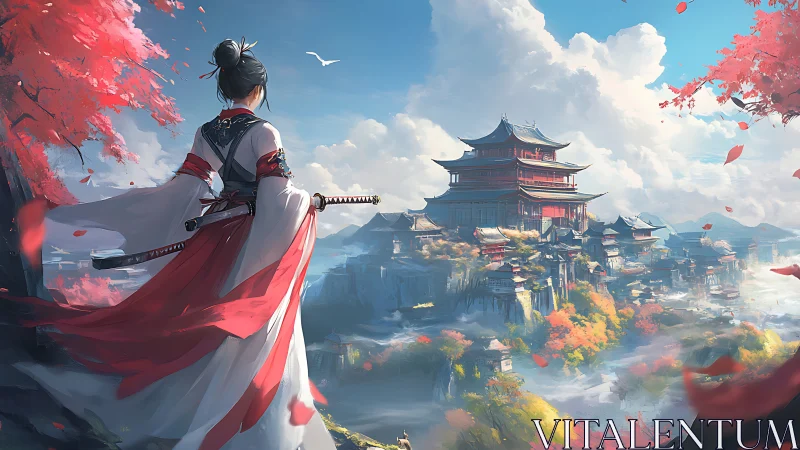 Samurai heroine gazes toward a misty mountain palace realm