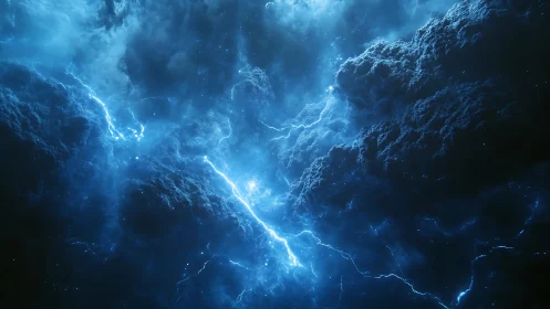 Digital stormscape with luminous blue lightning strata.
