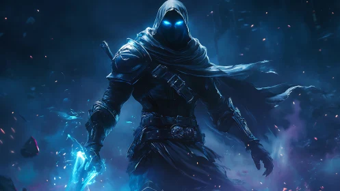 Hooded spectral assassin wields glowing frost blade.