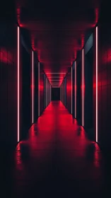 Neon red corridor with infinite vanishing point symmetry.