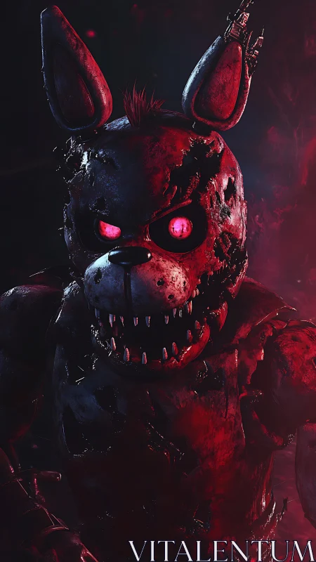 Ruin-scarred animatronic hare stalks through crimson smoke.