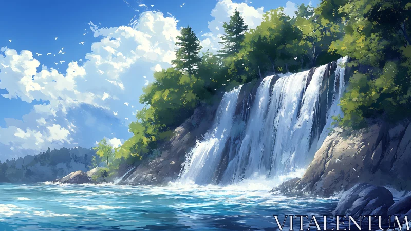 Sunlit coastal waterfall under bright summer sky.