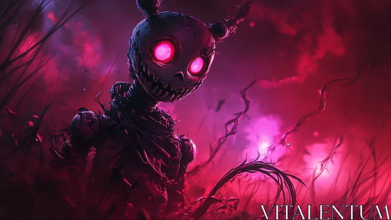 Glowing-eyed puppet wanders through neon haunted grasslands.