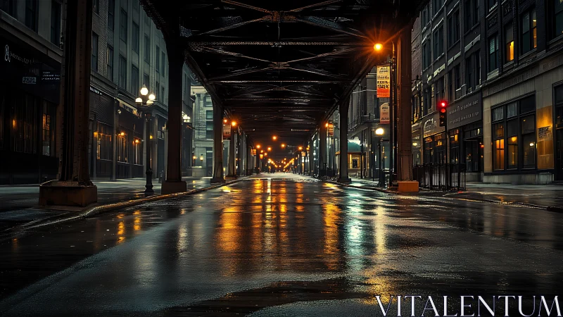 Rain-soaked elevated rail street with cinematic reflections.