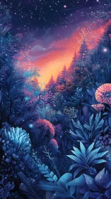 Luminous twilight forest under vivid cosmic sky.