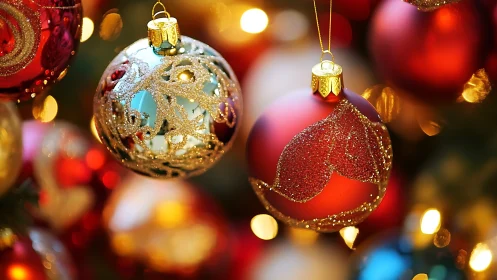 Glistening glass baubles amid warm holiday bokeh lights.