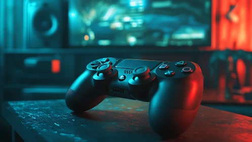 Photorealistic gaming controller close-up in neon studio light.