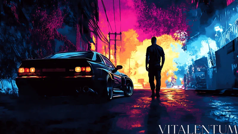 Silhouetted figure and sports car in neon lit urban alley.