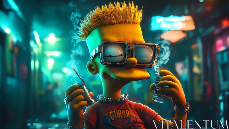 Spiky haired cartoon teen with vapor glasses in neon alley.