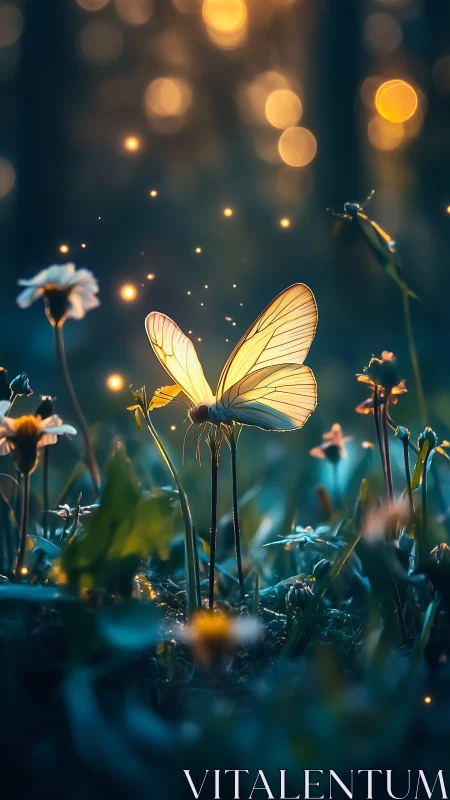 Backlit butterfly on wildflowers in shallow focus meadow.