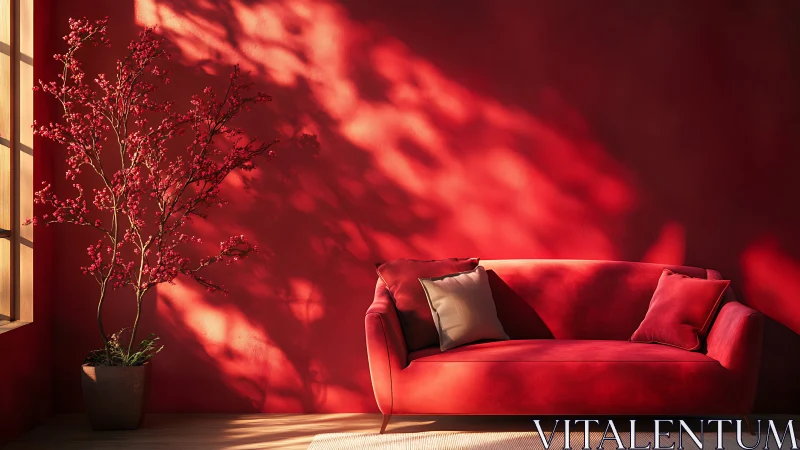 Red interior shows sofa, potted plant and directional sunlight