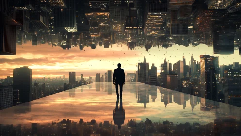Solitary figure on reflective walkway between mirrored cities.