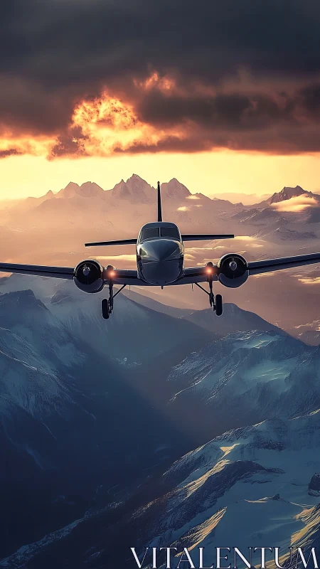 Twin engine aircraft cuts through storm-lit alpine dusk