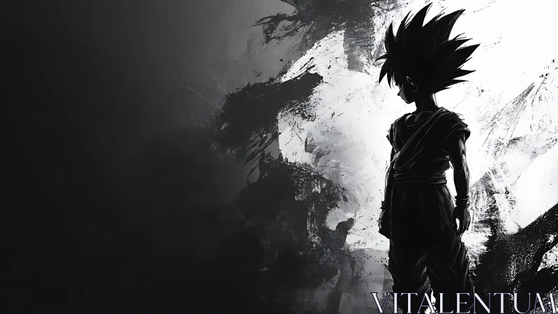 Silhouetted anime boy stands against abstract ink background