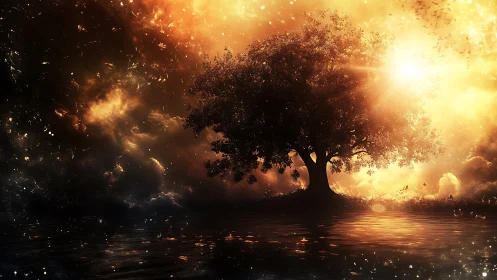 Stellar backlit tree on reflective water beneath burning sky