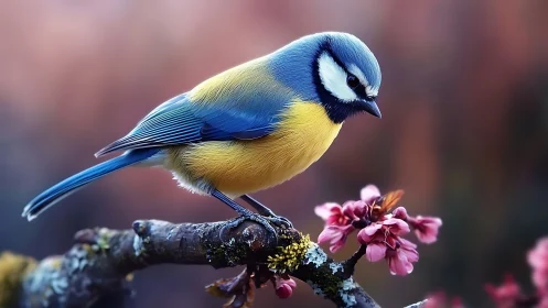 Blue Tit Perched on Blossoming Branch in Soft Pastel Colors.