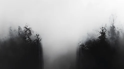 Monochrome mist forest dissolving into negative space.