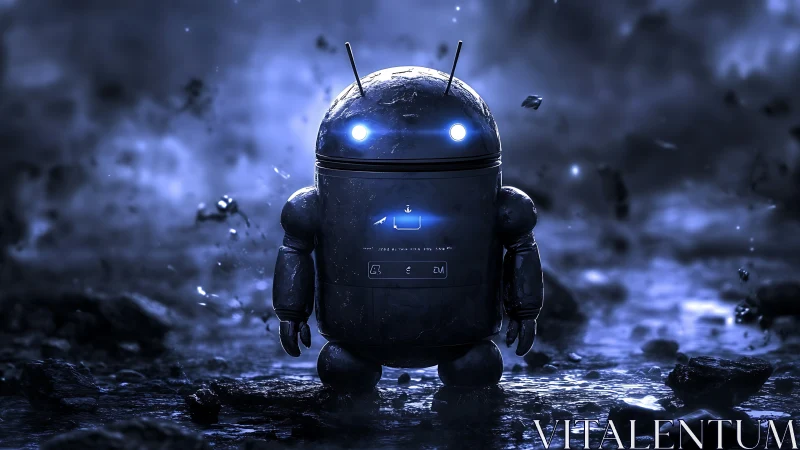 Glowing blue robot friend explores a stormy sci fi world.