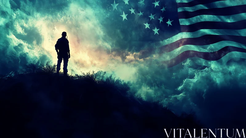 Lone soldier stands beneath stormy skies and glowing flag