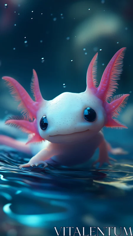 Bioluminescent axolotl close-up over rippling blue water