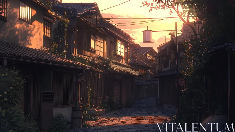Narrow traditional street sits under warm sunset light