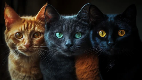 Three Cats with Luminous Eyes Against Dark Background